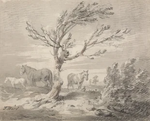 Landschaft mit drei Pferden und einem Baum im Vordergrund